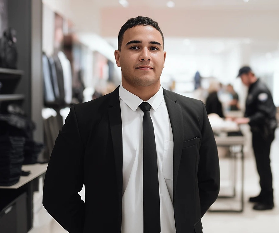 Corporate security guard in smart suit standing working